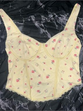 No boundaries Yellow Floral Bustier Top with Pink Rose Print size small